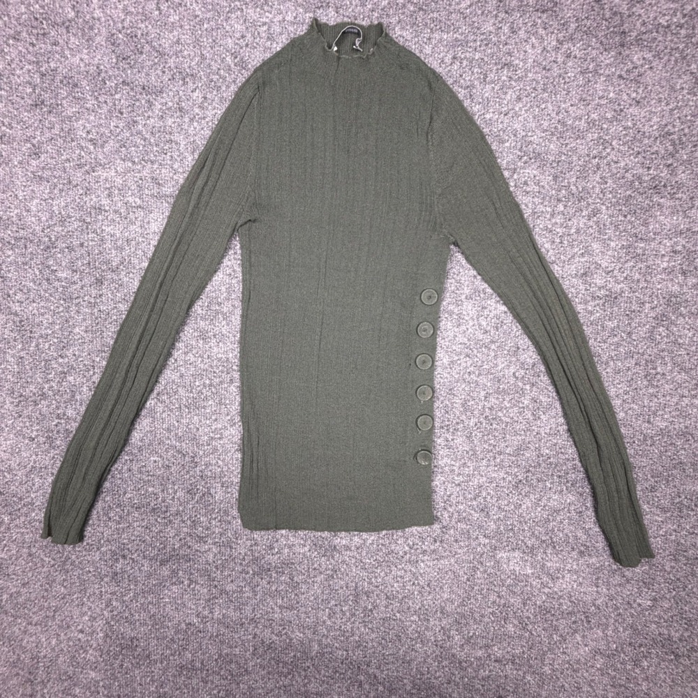 MNG Mango Women Olive Green Ribbed Mock Neck Side Button Long Sleeve Top Size S